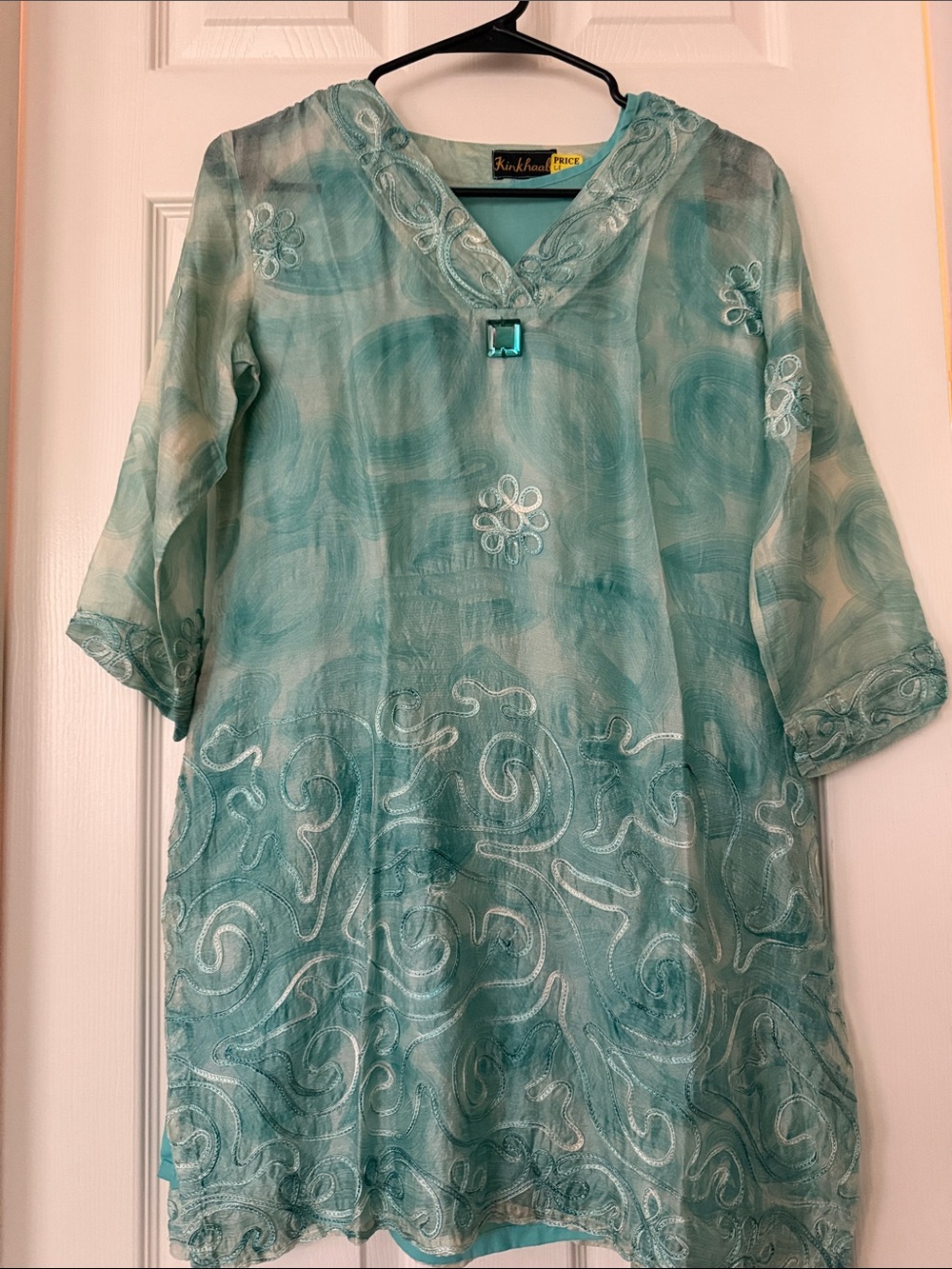 Embroidered Teal organza silk Tunic Top with V-Neck Accent